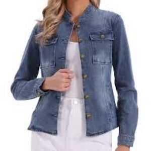 Allegra K Blue Denim Women's stand collar Jean Jacket size L